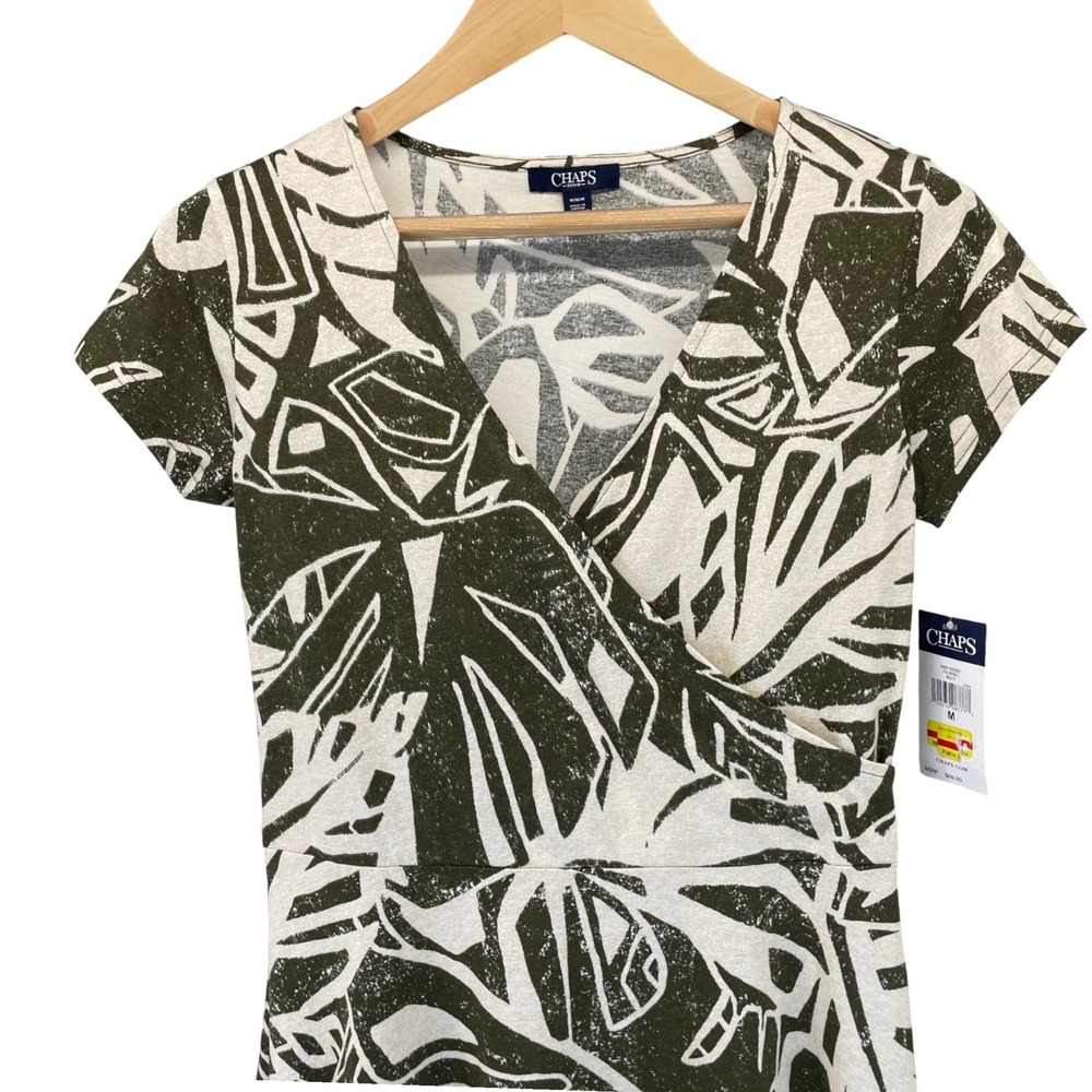 Chaps Womens Olive Green White Tropical Palm Leaf Faux Wrap A-Line Dress Size M - Picture 2 of 16